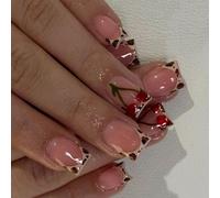24x Leopards Print False Nails Fruit Artificial French Tip Full Covers Stick On Glossy Press On