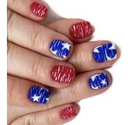 24x Matte Red Blue Stripe False Nails Short Square Press on 4th of July Stick on Flags Day Acrylic