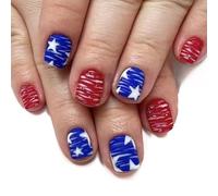 24x Matte Red Blue Stripe False Nails Short Square Press On 4th Of July Stick On Flags Day Acrylic