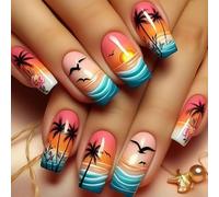 24x Mediums Square False Nails Coconut Tree Press On Seagulls Acrylic Glossy Full Covers Stick On
