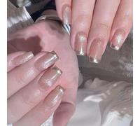 24x Mediums Square False Nails French Tip Stick On Artificial Elegant Press On Glittering Acrylic