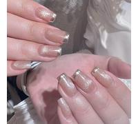 24x Mediums Square False Nails French Tip Stick On Nails Artificial Elegant Press On Glittering Acrylic