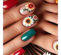 24x Mediums Square False Nails Sunflowers Press On Simple Acrylic Glossy Full Covers Stick On