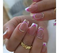 24x Rhinestones False Nails French Tip Stick On Glittering Artificial Valentines Day Press On