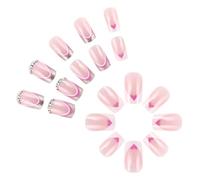 24x Rhinestones False Nails French Tip Stick On Nails Glittering Artificial Nails Valentines Day Press On Nails