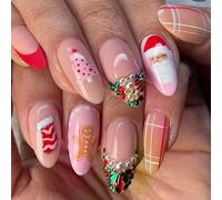 24x Santa Artificial Nails French Tip Claws Stick Christmas Full Coverage with Claws Almond Shape Press Claws