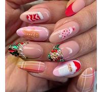 24x Santa Artificial Nails French Tip Stick On Nails Christmas Full Covers False Nails Almond Shape Press On Nails