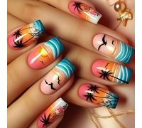 24x Seagulls Artificial Nails Mediums Square Full Covers False Nails Glossy Stick On Coconut Tree Press On