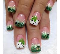 24x Shamrocks Press On Nails French Tip False Nails Glittering Stick On Nails Festival Acrylic Nails