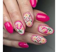 24x Shiny Full Cover Stick On Nails Flowers Press On Nails Beautiful Floral Artificial Short Oval False False