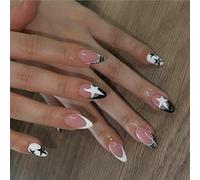 24x Shiny Full Covers False Nails Almond Shape Press On Nails Stars Artificial Stick On French Acrylic