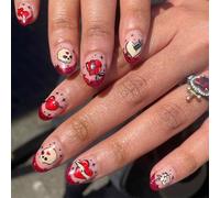 24x Short Almond False Nail French Tip Stick on Skull Flower Heart Artificial Valentine's Day Press-on
