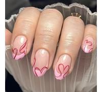 24x Short Almond False Nails French Tip Full Covers Stick On Nails Glossy Artificial Nails Valentines Day Press On Nails