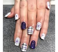 24x Short False Nails Christmas Press On Nails Glittering Stripes Full Covers Stick On Nails Snowflake Artificial Nails