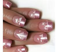 24x Short Oval Press On Nails Sailboats Acrylic False Glittering Artificial Coconut Tree Stick On