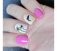 24x Short Square False Nails Coconut Tree Press On Dolphin Acrylic Full Covers Stick On For Woman