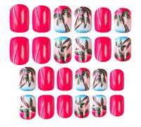 24x Short Square False Nails Coconut Tree Press On Nails Acrylic Glossy Full Covers Stick On For Woman