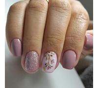 24x Short Square False Nails Flowers Press on Simple Acrylic Glittering Full Covers Stick on for Woman