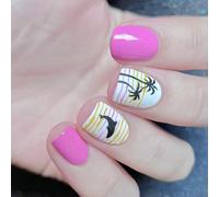 24x Short Square Press On Nails Dolphin Acrylic False Glossy Acrylic Coconut Tree Stick On For Party
