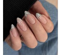 24x Snowflake Artificial Nails French Tip Stick On Christmas Full Covers False Almond Shape Press On