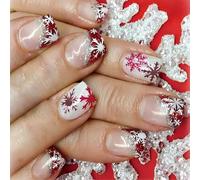 24x Snowflake Press On Nails Short Square Artificial Glittering Full Covers Stick On Christmas False