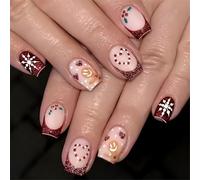 24x Snowflake Stick On Nails Short Square False With Gingerbreads Man Designs Christmas Press On For Winter