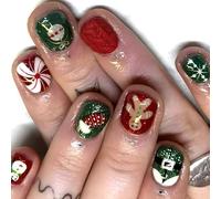 24x Snowman Artificial Nails Christmas Full Covers False Nails Stick On Nails Short Round Press On Nails