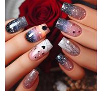 24x Starry Skies Artificial Nails Long Full Covers False Nails Glittering Stick On Nails Heart Press On Nails For Woman