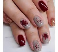 24x Thanksgiving Nails Full Covers Stick on Fall Press on Artificial Short Maple Leaves False