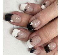 24x Valentines Day Press On Nails Mediums Square False Black White Heart Stick On French Tip Acrylic