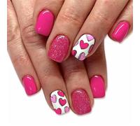 24x Valentines Day Press On Nails Short Square Full Covers Stick On Nails Glossy False Nails Heart Artificial Nails