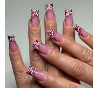 24x Valentines Day Stick On Nails Full Covers False Nails Mediums Coffin French Tip Press On Heart Acrylic