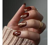 24x Wheat Full Covers Stick on Nails Valentines Day False Press on Short Almond Artificial for Women