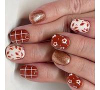24x Winter Stick On Nails Short Square False Nails Flowers And Lines Press On Nails Glittering Full Covers False Nails