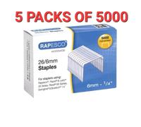 25,000 Rapesco Staples 26/6mm S11662Z3 Steel Silver 5 x Packs of 5000.