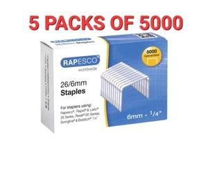 25,000 Rapesco Staples 26/6mm S11662Z3 Steel Silver 5 x Packs of 5000.