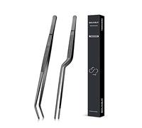 25.5cm Cooking Offset Tweezer and Curved Tong Set, Tongs Precision Serrated Tips, Stainless Steel Professional Chef Tweezer Kitchen Tools for BBQ, Plating and Serving