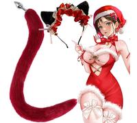 25.6" Chritsmas Cosplay Tail, Faux Fur Tail with Cat Ears Headband, Anal Plug Set for Adults(25.59″,2.2CM Plug)