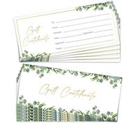 25 Blank Gift Certificates for Business, Green Leaf Gold Foil Gift Certificate for Business Salon Beauty Spa Restaurants Birthday, 3.5x8” Work Business Present Card -01