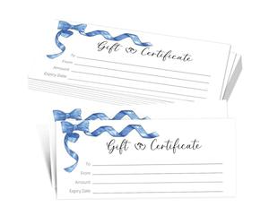 25 Blue Bow Gift Certificates for Business, Blank Gift Certificate for Salon Spa Restaurants Marriage, Birthday Christmas Custom Client Vouchers, 3.5 x 8 Inch-08