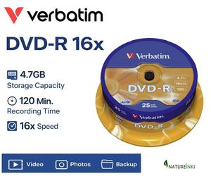 25 Genuine Verbatim 43522 DVD-R DVD Blank Recordable Discs 120 Mins 4.7GB 16x UK