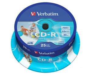 25 Genuine Verbatim Blank CD-R White CD Printable 700MB 52x 80Mins 43439 Spindle