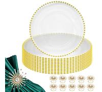 25 Gold Bead Acrylic Charger Plates & 25 Pearl Diamante Design Napkin Rings