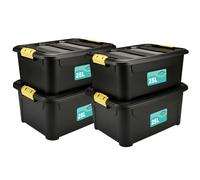 25 Litre Pack Of 4 Plastic Storage Boxes Black, Heavy Duty Multi-Purpose Indoor & Outdoor Stackable Strong Container Lid Yellow Lock Clip Handles Home, Office School Arts & Crafts Nestable