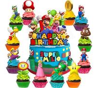 25 Mario Cake Toppers for Kids - Mario Cake Decorations for Boys & Girls - Cupcake Toppers - Birthday Party Supplies