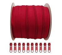 25 Meters of Nylon Zipper + 10 Free Sliders Metal Pullers for Sewing, Sewing, Zipper for Sewing on Clothes, Fabrics, Zipper by Meters 5#, (25M, Red)