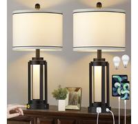 25" Modern Table Lamps Set of 2, Industrial Beside Lamps with USB A+C Charging Ports & AC Outlet, Nightstand Lamp with Glass Night Light for Living Room Bedroom End Table Decor White(4 Bulbs Included)