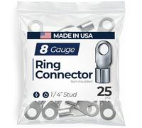 (25) Non-Insulated 8 AWG Gauge Ring Connector 1/4" Stud Electrical Wire Terminal - USA