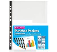 25 Pack A4 Large Expandable Strong Plastic Poly Pockets Wallet Sleeves: Clear Finish Durable Holds Up to 200 Sheets - Expandable Punch Pockets Ideal for Document Organization Office Supplies