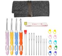 25 Pack Crochet Hook Set, Knitting Accessories Tools, Ergonomic Soft Grip Rubber Handles, 9 Pcs Aluminum Knitting Needles Kit, 1 x 1.5 Metre Tape Measure, 10 x Coloured Marking Clips, 1 x Felt Pencil